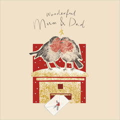 Woodmansterne Robins On Postbox Mum & Dad Christmas Card image 0