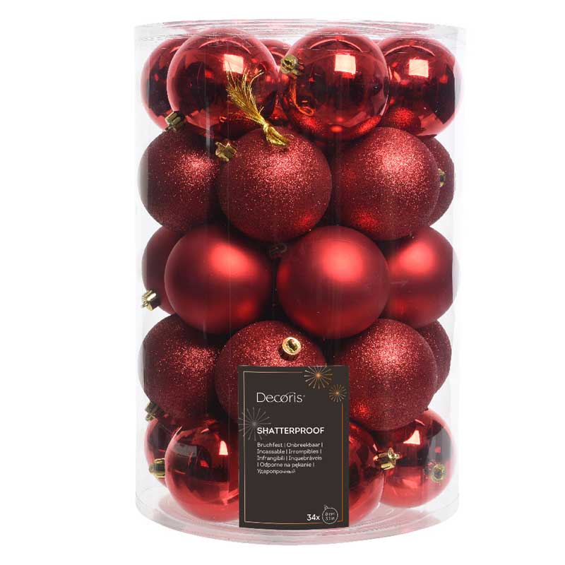 Decoris Shatterproof Baubles in Christmas Red (Pack of 34) image 0