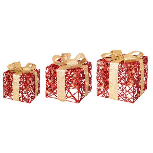 Lumineo Micro LED Battery-Operated Paper Giftboxes (Set of 3) - Red Glitter with Gold Glitter Bow image