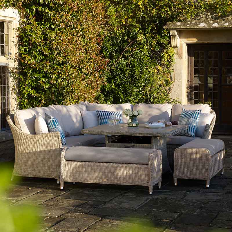 Bramblecrest Monterey Curved Corner Sofa Set in Sandstone with Square Firepit Table &amp; 2 Benches image 0