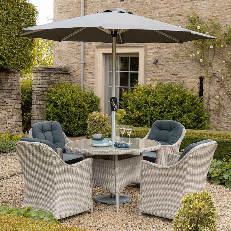 Bramblecrest Monterey 4 Seat Garden Dining Set in Dove Grey with Round Table, Parasol &amp; Base image 0