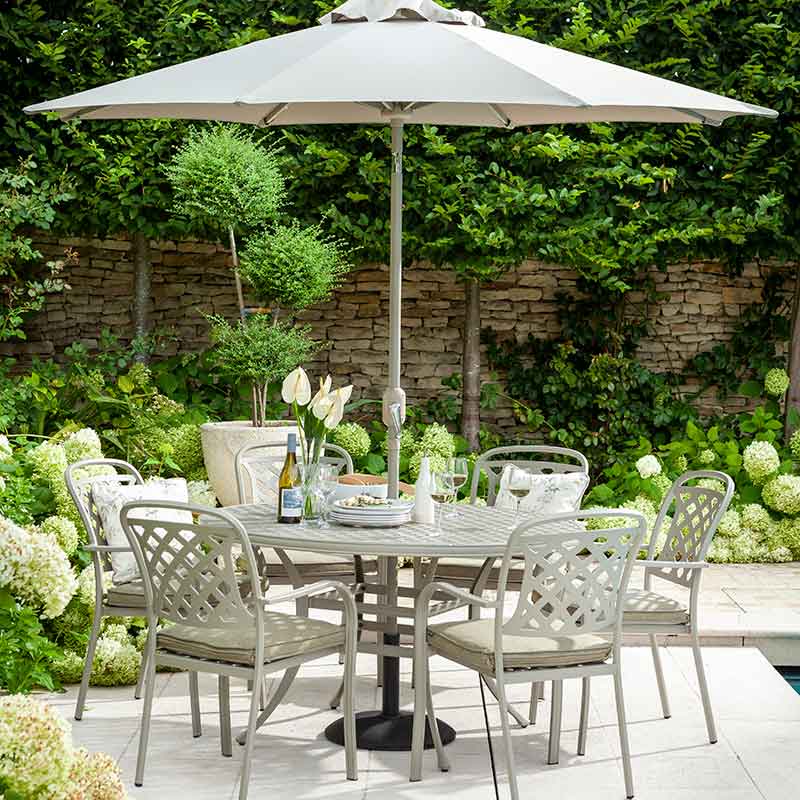Hartman Berkeley 6 Seat Outdoor Dining Set in Maize with Round Table, Parasol & Base image 0
