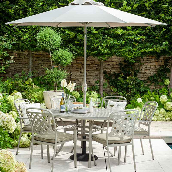 Hartman Berkeley 6 Seat Outdoor Dining Set in Maize with Round Table, Parasol & Base image 0