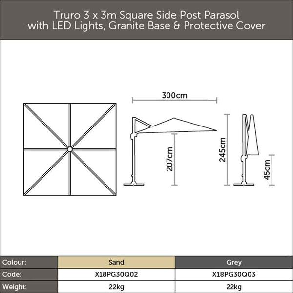 Bramblecrest Truro 3 x 3 m Square Cantilever Parasol in Grey with LED, Granite Base &amp; Cover image 9