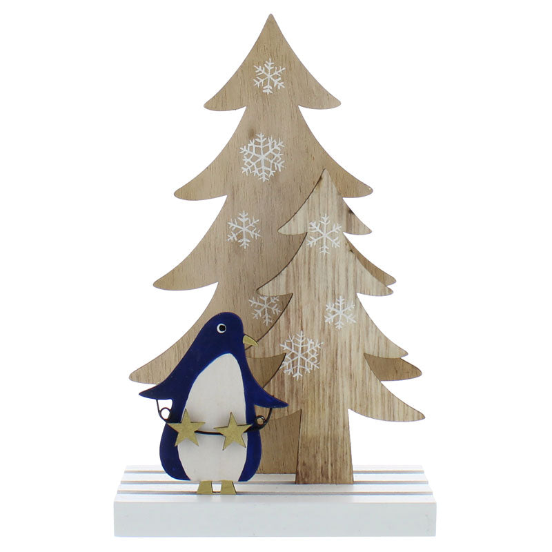 Festive Wooden Tree with Penguin image 0