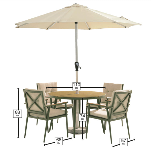 Bramblecrest RHS Wisley 4 Seat Round Dining Set in Sage with Parasol &amp; Base image 5
