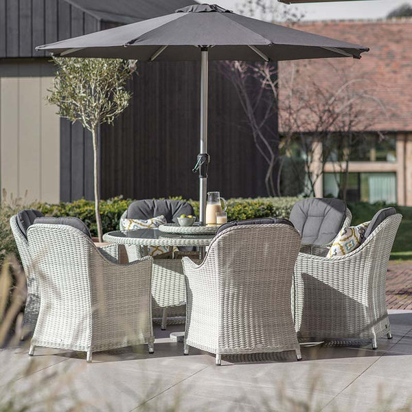 Bramblecrest Monterey Dove Grey 6 Seat Round Dining Set with Lazy Susan, Parasol &amp; Base image 0
