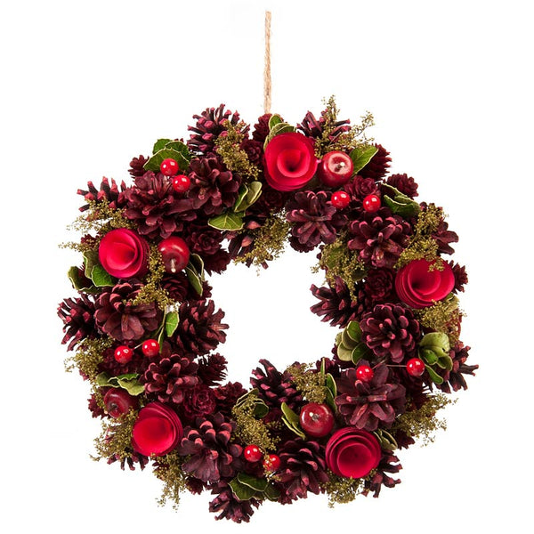 Festive Red Rose & Pinecone Wreath - 30cm image