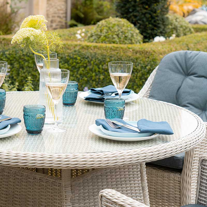 Bramblecrest Monterey 4 Seat Garden Dining Set in Dove Grey with Round Table, Parasol &amp; Base image 0