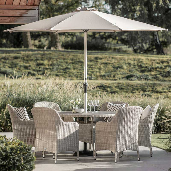 Bramblecrest Tetbury 6 Seat Garden Dining Set in Nutmeg with Round Table, Parasol &amp; Base image 0