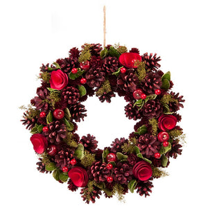 Festive Red Rose & Pinecone Wreath - 36cm image