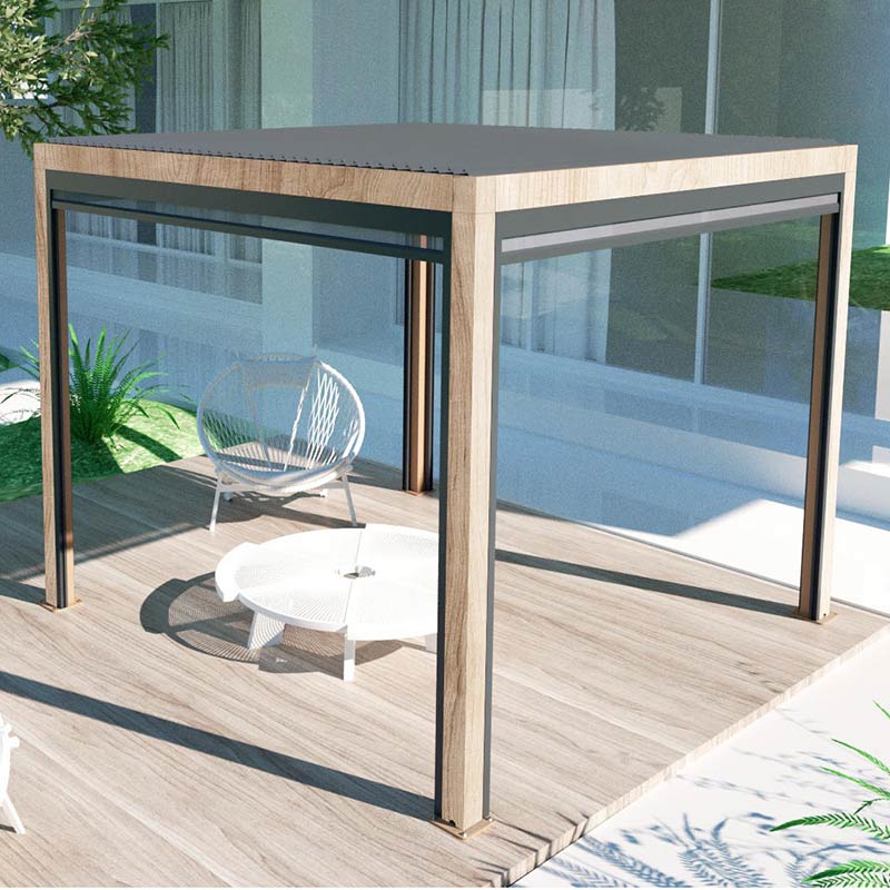 Supremo Belfort Wood Effect Square Pergola with Curtains & LEDs (3m x 3m) image 0