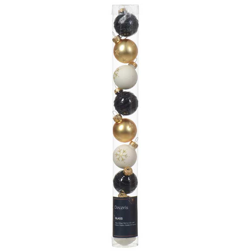 Decoris Glass Baubles in White, Black & Gold (Pack of 9) image 0