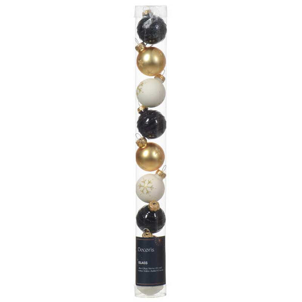 Decoris Glass Baubles in White, Black & Gold (Pack of 9) image 0