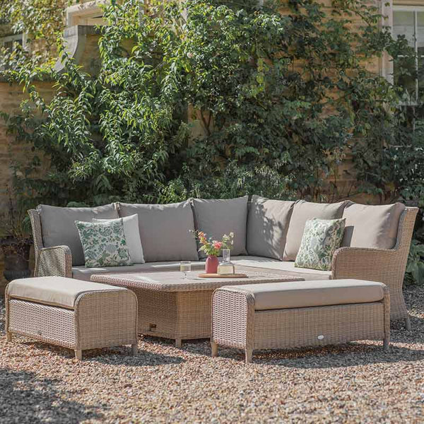 Bramblecrest Chedworth Reclining Corner Sofa with Square Dual Height Table &amp; 2 Benches in Sandstone Rattan image 1