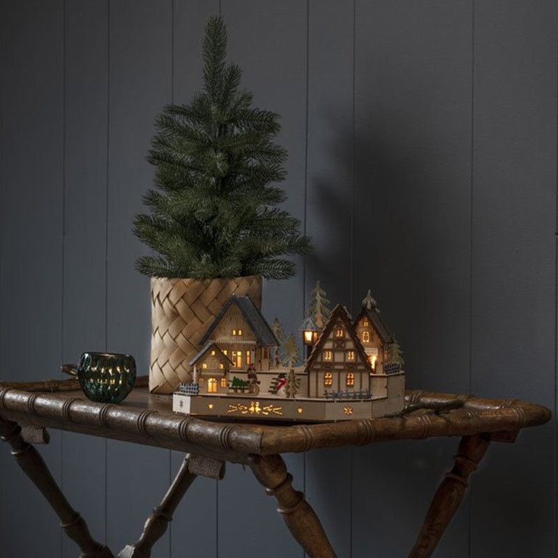Konstsmide LED Wooden House Silhouette with Snowman and Boy image 0