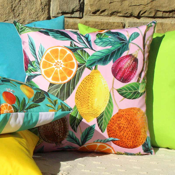 Evans Lichfield Blush Pink Citrus Outdoor Square Cushion, 43 x 43cm image 1