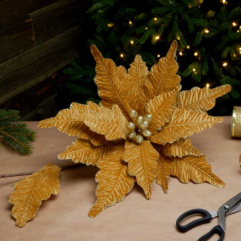 Festive Giant Gold Velvet Poinsettia Stem (68cm) image 0