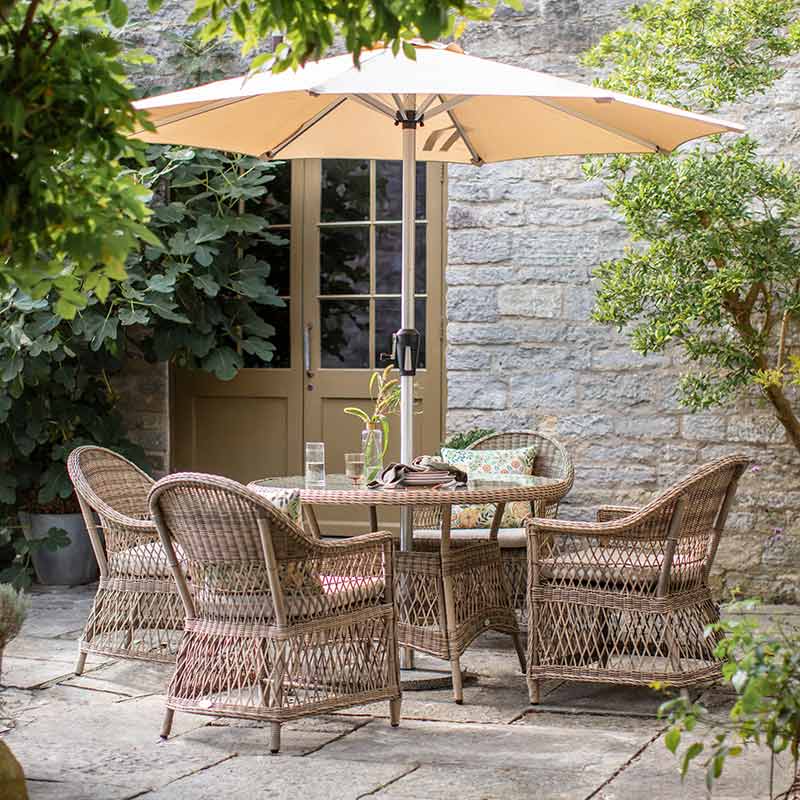 Bramblecrest RHS Rosemoor 4 Seat Round Rattan Garden Dining Set with 2.5m Parasol &amp; Base image 0