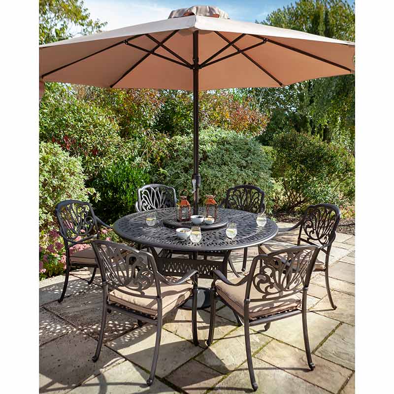 Hartman Amalfi 6 Seat Garden Dining Set in Bronze with Round Table, Lazy Susan, 3m Parasol &amp; 15kg Base image 0