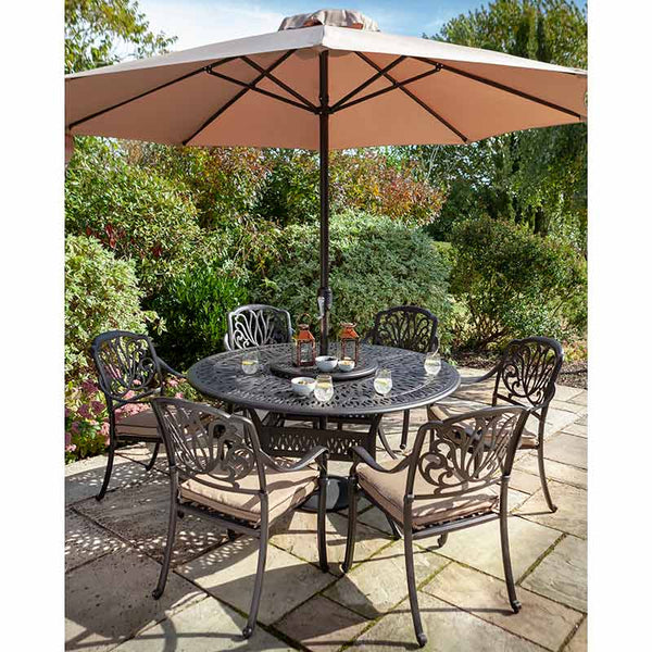 Hartman Amalfi 6 Seat Garden Dining Set in Bronze with Round Table, Lazy Susan, 3m Parasol &amp; 15kg Base image 0