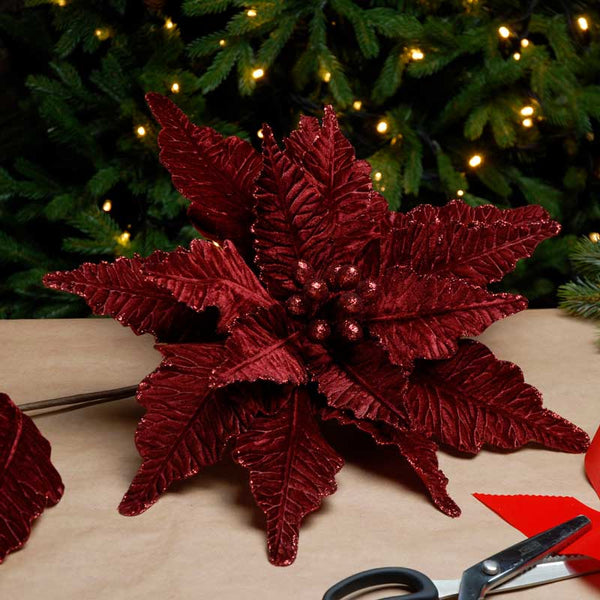 Festive Giant Burgundy Velvet Poinsettia Stem (68cm) image 0