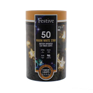 Festive 50 Warm White Star LED String Lights with Timer image 1