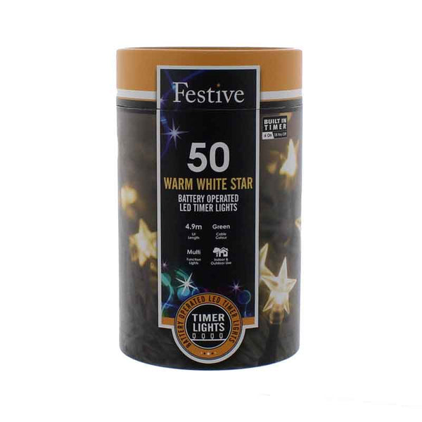 Festive 50 Warm White Star LED String Lights with Timer image 1