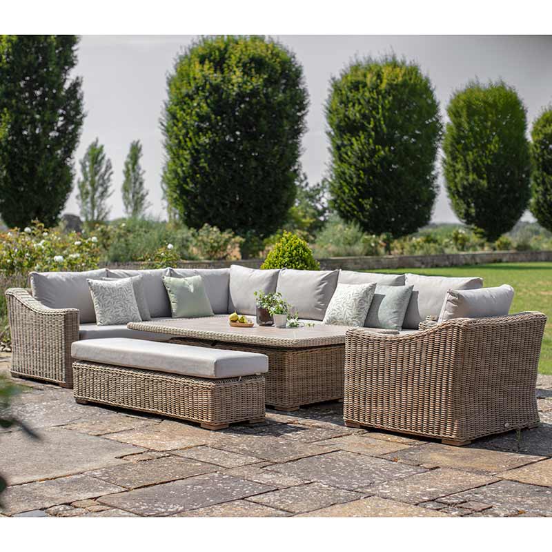 Bramblecrest Fairford L-Shaped Modular Sofa Set in Walnut Rattan with Piston Adjustable Table, Bench &amp; Sofa Chair image 0