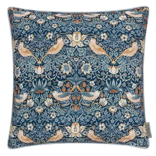 Morris & Co Strawberry Thief Piped Outdoor Cushion, 50 x 50cm - Indigo image 0