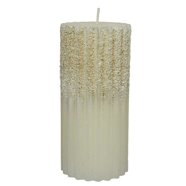 Decoris White Glitter Ribbed Pillar Candle - 15cm image