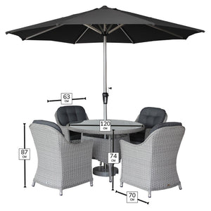 Bramblecrest Wentworth 4 Seat Garden Dining Set in Pewter Rattan with Round Table, 2.5m Crank Parasol & 15kg Base image 7
