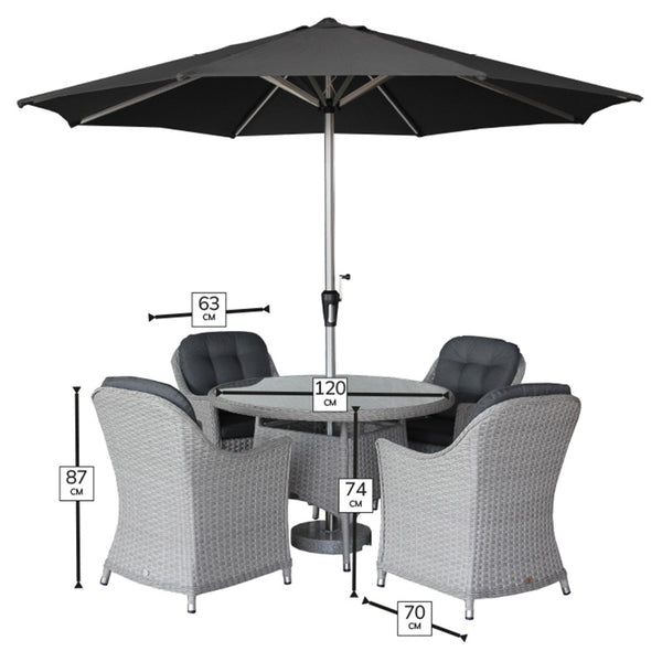 Bramblecrest Wentworth 4 Seat Garden Dining Set in Pewter Rattan with Round Table, 2.5m Crank Parasol & 15kg Base image 7