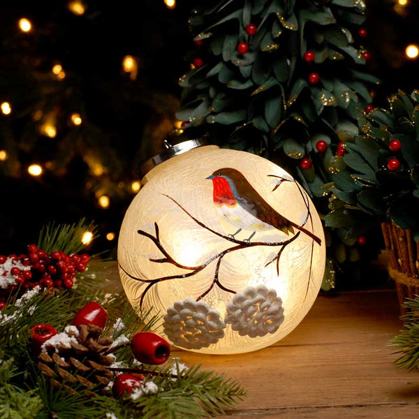 Festive Lit Robin Crackle Effect Ball image 0
