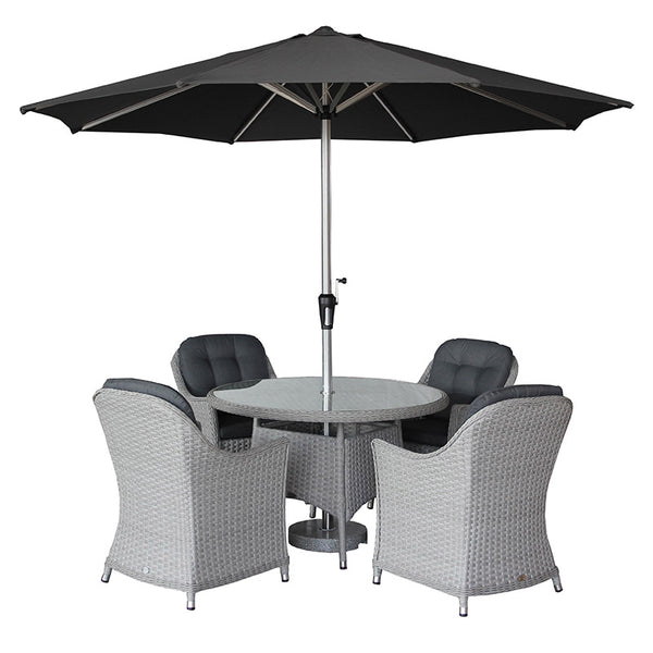 Bramblecrest Wentworth 4 Seat Garden Dining Set in Pewter Rattan with Round Table, 2.5m Crank Parasol & 15kg Base image 5