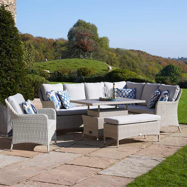 Bramblecrest Tetbury L-Shaped Garden Sofa Set in Nutmeg Weave with Dual Height Table, Dining Bench &amp; Sofa Chair image 0
