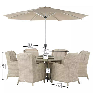 Bramblecrest Chedworth 6 Seat Garden Dining Set in Sandstone with Round Table, Lazy Susan, Parasol &amp; Base image 9