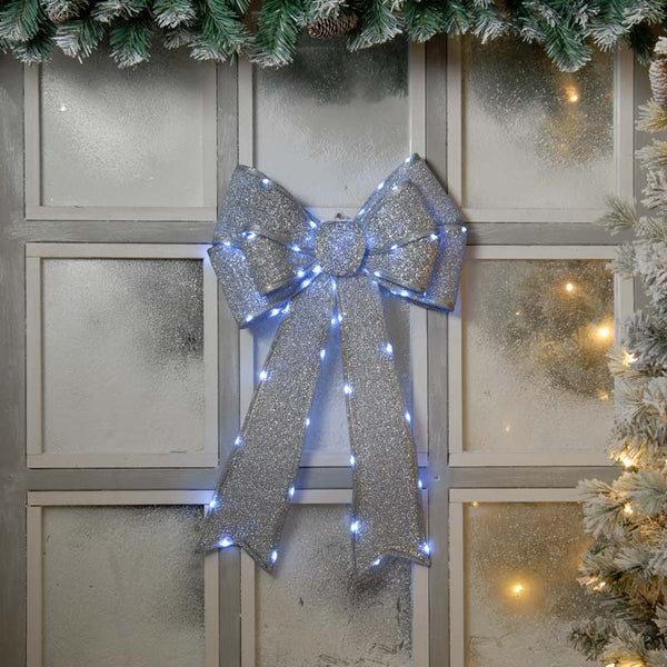 Festive Battery-Operated Lit Bow - Silver image