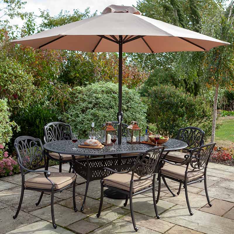 Hartman Amalfi 6 Seat Outdoor Dining Set in Bronze with Oval Table, 3m Parasol &amp; 15kg Base image 0