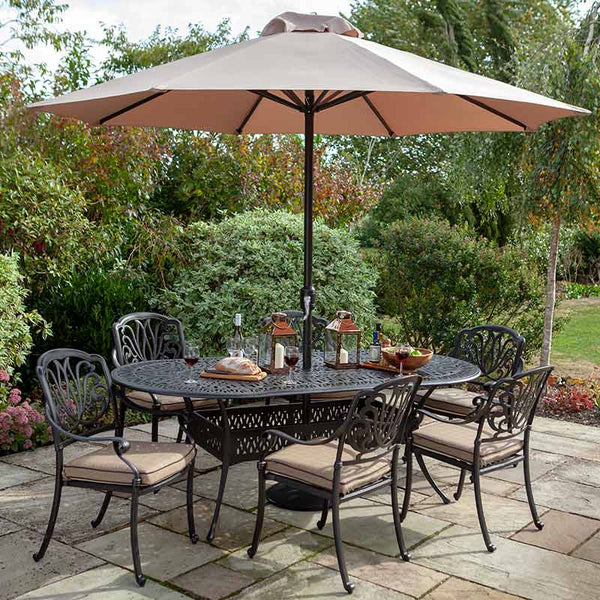 Hartman Amalfi 6 Seat Outdoor Dining Set in Bronze with Oval Table, 3m Parasol &amp; 15kg Base image 0