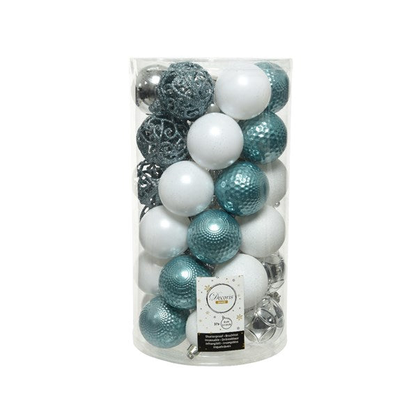 Decoris Shatterproof Baubles in Light Blue, Silver & White (Pack of 37) image 0
