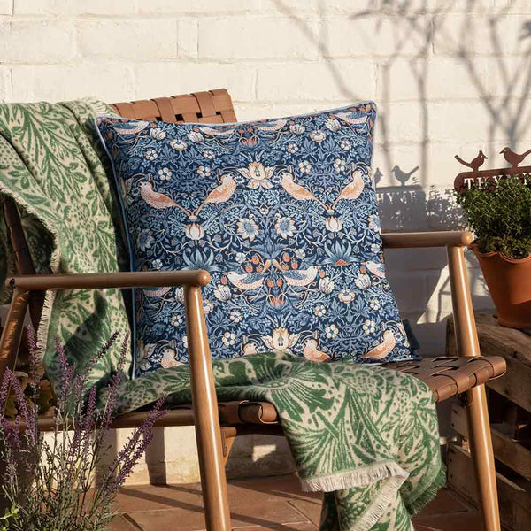 Morris & Co Strawberry Thief Piped Outdoor Cushion, 50 x 50cm - Indigo image 4