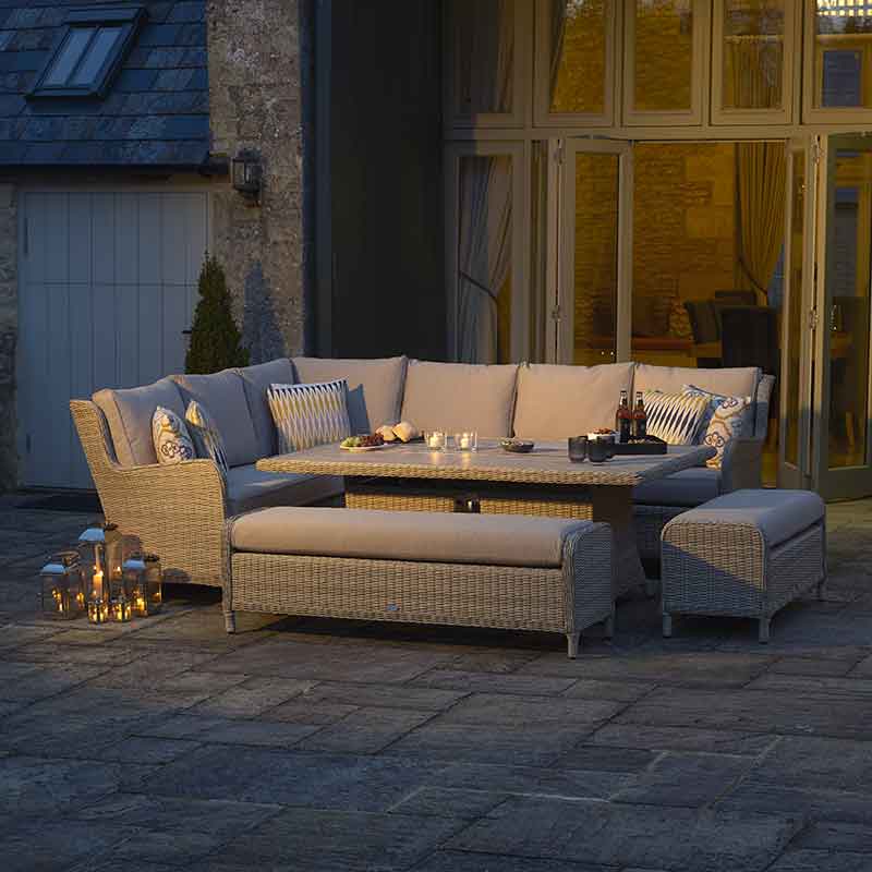 Bramblecrest Chedworth L-Shape Sofa in Sandstone Rattan with Firepit Table &amp; 2 Benches image 0