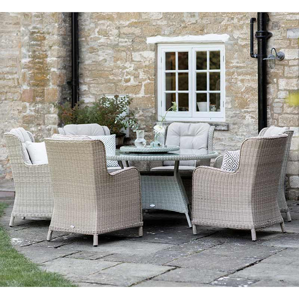 Bramblecrest Chedworth 6 Seat Garden Dining Set in Sandstone with Round Table, Lazy Susan, Parasol &amp; Base image 4
