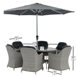 Bramblecrest Wentworth 6 Seat Garden Dining Set in Pewter Rattan with Elliptical Table, 3m Crank Parasol & 15kg Base image 4