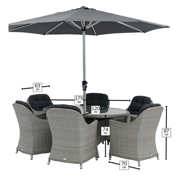 Bramblecrest Wentworth 6 Seat Garden Dining Set in Pewter Rattan with Elliptical Table, 3m Crank Parasol & 15kg Base image 4