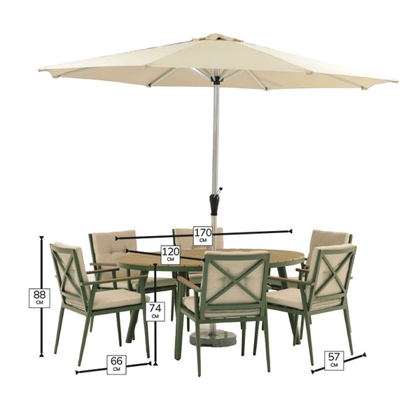 Bramblecrest RHS Wisley 6 Seat Elliptical Garden Dining Set in Sage with Parasol &amp; Base image 4