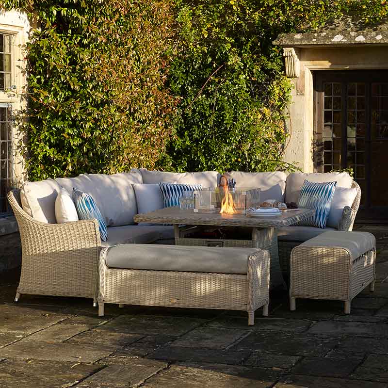 Bramblecrest Monterey Curved Corner Sofa Set in Sandstone with Square Firepit Table &amp; 2 Benches image 0