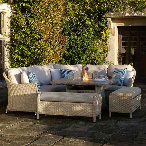 Bramblecrest Monterey Curved Corner Sofa Set in Sandstone with Square Firepit Table &amp; 2 Benches image 0