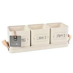 Burgon & Ball 3 Herb Pots in a Leather Handled Tray - Stone image